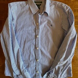 Lauren Ralph Lauren Blue and White Non-Iron Striped Button-Down Shirt